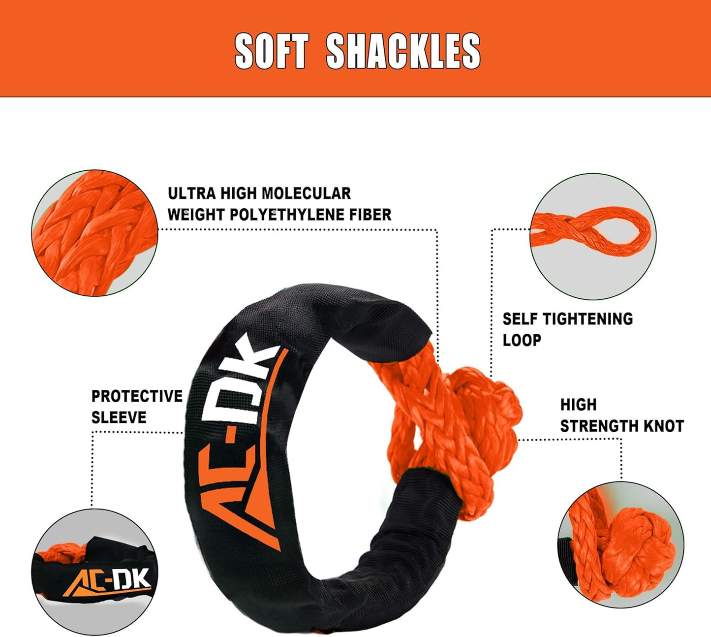 AC-DK Kinetic Recovery Rope (1in x 30ft Orange) 48000lbs Snatch Strap,Heavy Duty Stretch Nylon Towing Ropes with 2pcs Soft Shackles for Offroad Vehicle,Jeep,SUV,ATV,UTV,Tractor Elastic Ropes Kit