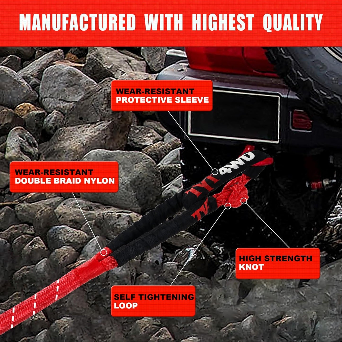 TYT Kinetic Recovery Rope,(1in x 30ft Red) 48000lbs Snatch Strap, Heavy Duty Stretch Nylon Towing Ropes with 2pcs Soft Shackles for Offroad Vehicle, Jeep, SUV, ATV, UTV, Tractor Elastic Ropes Kit
