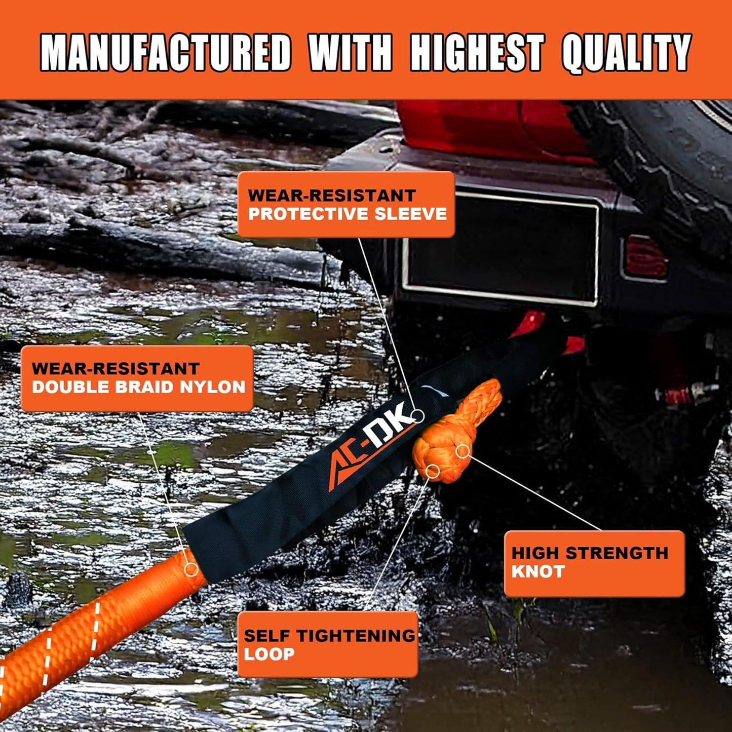 AC-DK Kinetic Recovery Rope (1in x 30ft Orange) 48000lbs Snatch Strap,Heavy Duty Stretch Nylon Towing Ropes with 2pcs Soft Shackles for Offroad Vehicle,Jeep,SUV,ATV,UTV,Tractor Elastic Ropes Kit