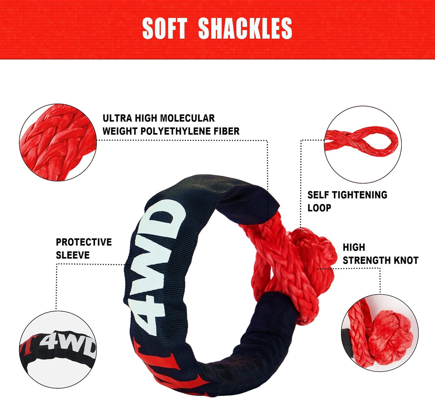 TYT Kinetic Recovery Rope,(1in x 30ft Red) 48000lbs Snatch Strap, Heavy Duty Stretch Nylon Towing Ropes with 2pcs Soft Shackles for Offroad Vehicle, Jeep, SUV, ATV, UTV, Tractor Elastic Ropes Kit