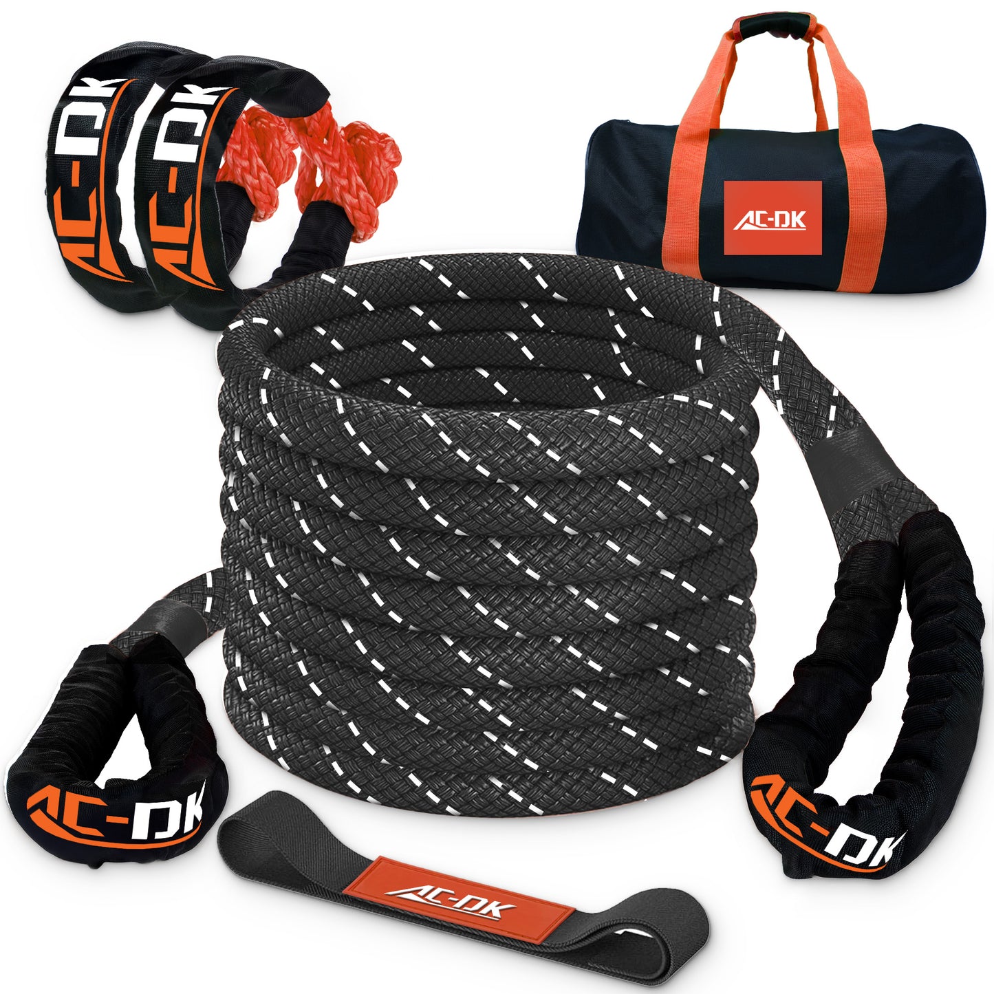 AC-DK Kinetic Recovery Rope (1in x 30ft Orange) 48000lbs Snatch Strap,Heavy Duty Stretch Nylon Towing Ropes with 2pcs Soft Shackles for Offroad Vehicle,Jeep,SUV,ATV,UTV,Tractor Elastic Ropes Kit
