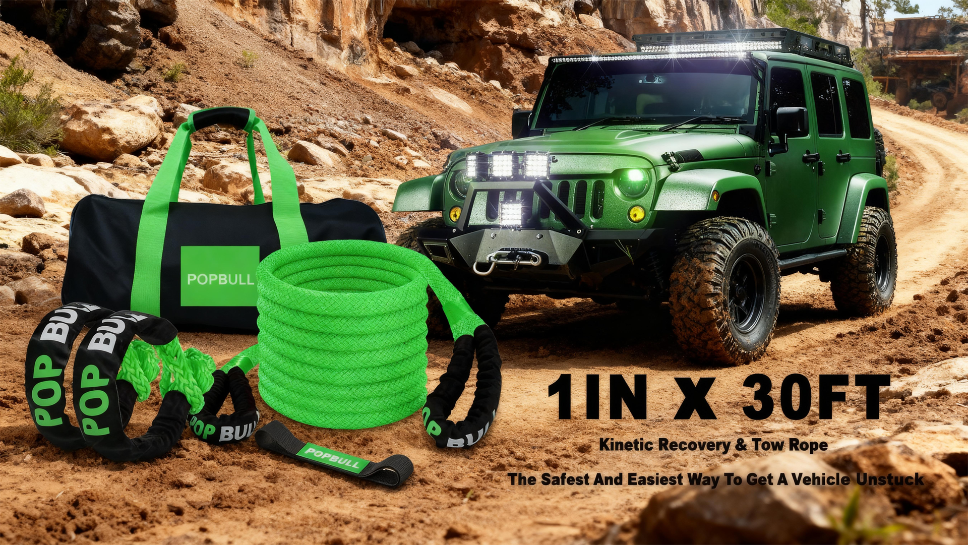 Kinetic Recovery Rope,(1in x 30ft Green) 48000lbs Snatch Strap, Heavy Duty Stretch Nylon Towing Ropes with 2pcs Soft Shackles for Offroad Vehicle, Jeep, SUV, ATV, Tractor Elastic Ropes Kit