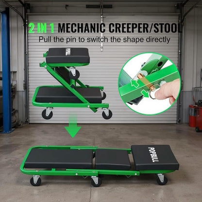 POPULL Foldable Z Garage Creeper, 36 inch, 300 lbs Load Capacity Rolling Folding Mechanic Creeper Stool, with 6 Universal Wheels Padded Seat Steel Frame, Lay Down or Sit Chair for Garage Shop or Home