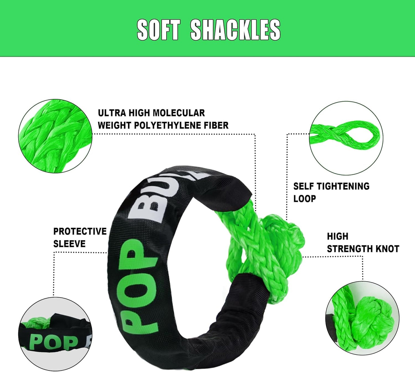 Kinetic Recovery Rope,(1in x 30ft Green) 48000lbs Snatch Strap, Heavy Duty Stretch Nylon Towing Ropes with 2pcs Soft Shackles for Offroad Vehicle, Jeep, SUV, ATV, Tractor Elastic Ropes Kit