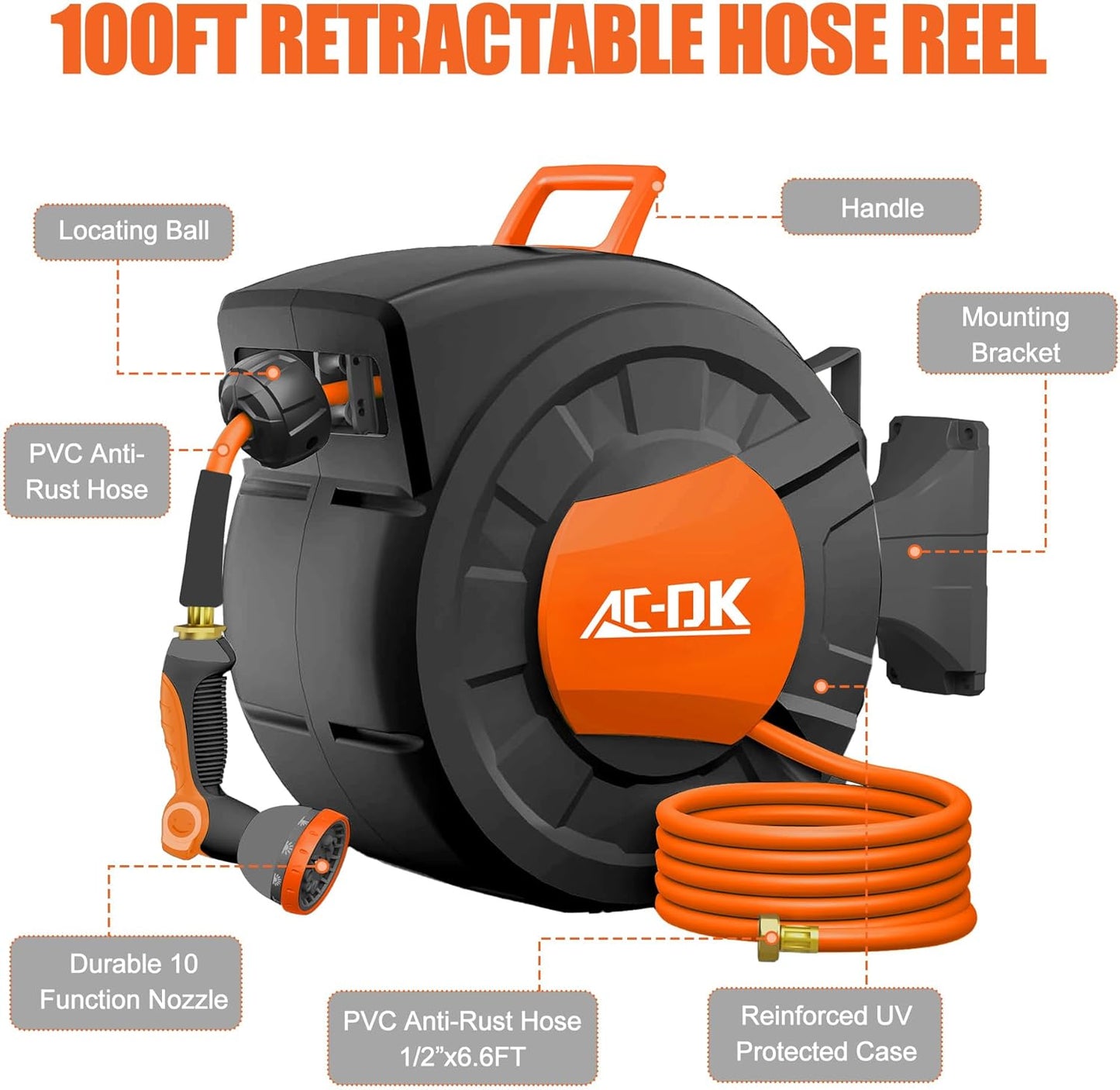 AC-DK Retractable Garden Hose Reel,1/2 in x 100ft (Green) Wall Mounted Hose Reel, with 12- Function Sprayer Nozzle, Any Length Lock/Slow Return System/Wall Mounted/180°Swivel Bracket