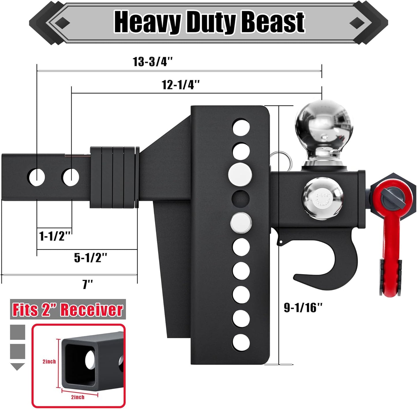 TYT Adjustable Trailer Hitch Tri Ball Mount with Swivel Shackle and Tow Hook, Fits 2 inch Receiver, 1-7/8" & 2" &2-5/16" Ball, Heavy-Duty Towing Hitch