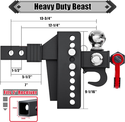 TYT Adjustable Trailer Hitch Tri Ball Mount with Swivel Shackle and Tow Hook, Fits 2 inch Receiver, 1-7/8" & 2" &2-5/16" Ball, Heavy-Duty Towing Hitch
