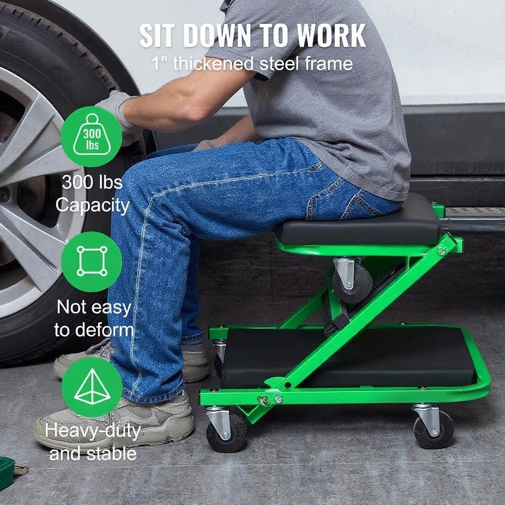 POPULL Foldable Z Garage Creeper, 36 inch, 300 lbs Load Capacity Rolling Folding Mechanic Creeper Stool, with 6 Universal Wheels Padded Seat Steel Frame, Lay Down or Sit Chair for Garage Shop or Home