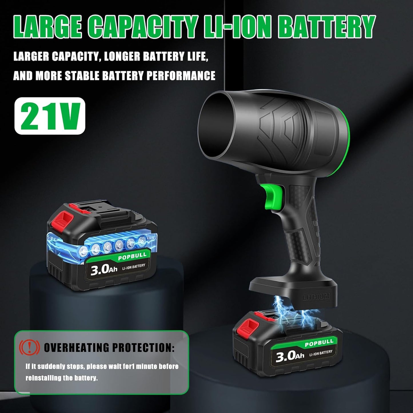 Leaf Blower, 21V Cordless Electric Blower with 2 3.0Ah Batteries and 1 Hour Fast Charger, Lightweight Leaf Blower for Patio Cleaning, Lawn Care, Blowing Fallen Leaves and Dust, etc.
