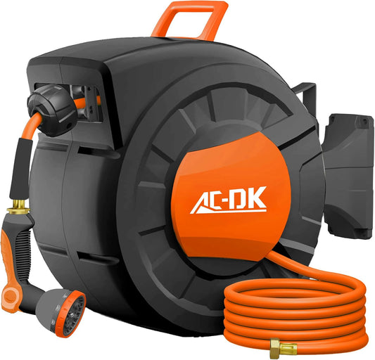 AC-DK Retractable Garden Hose Reel,1/2 in x 100ft (Green) Wall Mounted Hose Reel, with 12- Function Sprayer Nozzle, Any Length Lock/Slow Return System/Wall Mounted/180°Swivel Bracket