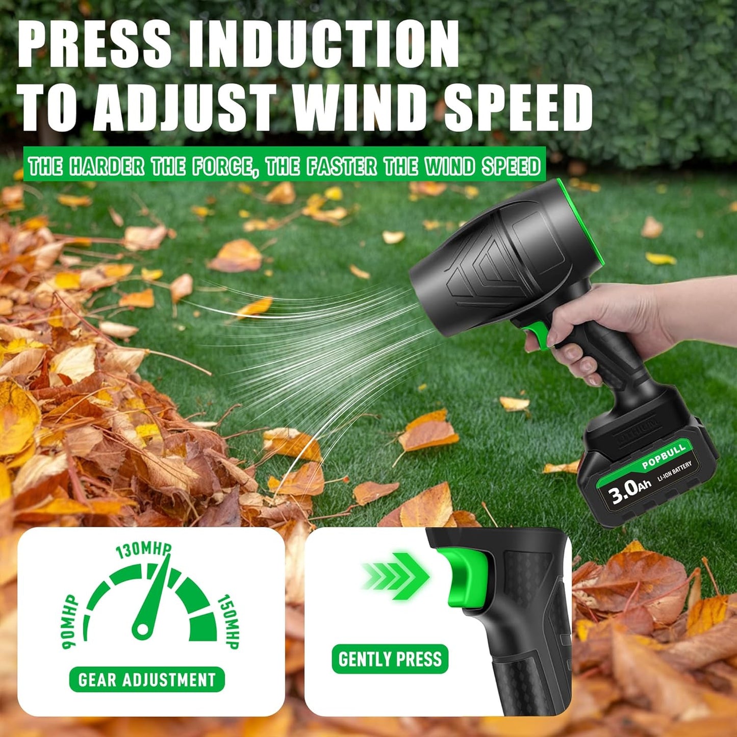 Leaf Blower, 21V Cordless Electric Blower with 2 3.0Ah Batteries and 1 Hour Fast Charger, Lightweight Leaf Blower for Patio Cleaning, Lawn Care, Blowing Fallen Leaves and Dust, etc.