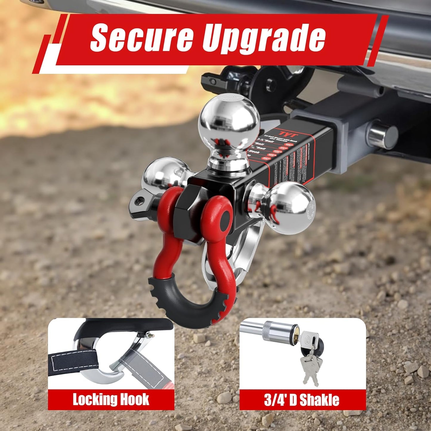 TYT Tri Ball Hitch Trailer Mount With Locks, Tow Hook & Clevis Shackle, Fits 2 Inch Receiver With 2-5/16", 2", 1-7/8" Ball, Black