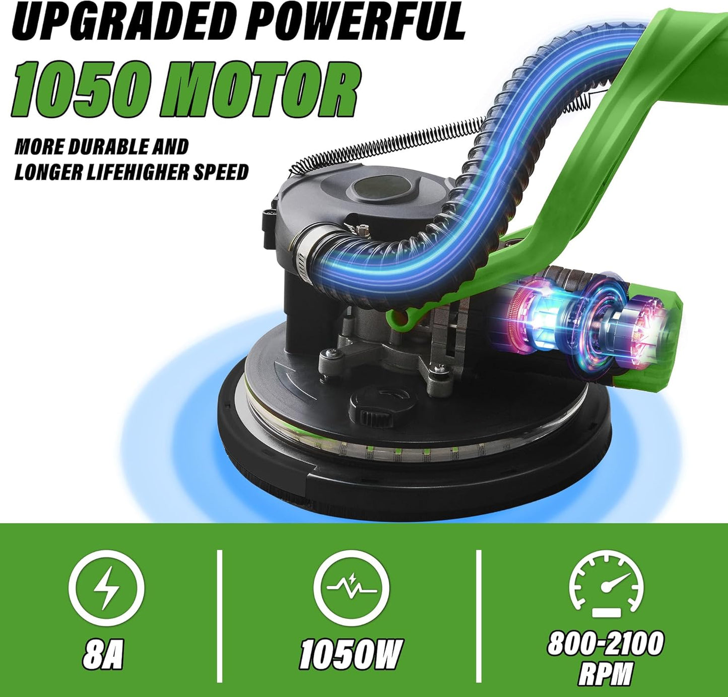1050W Electric Drywall Sander with Vacuum, LCD Display, 7 Speeds (800–2100RPM), Foldable & Extendable Handle, 12 Sanding Discs, for Walls, Ceilings, Floors (Green)