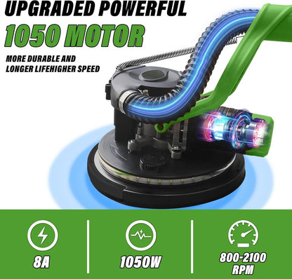 1050W Electric Drywall Sander with Vacuum, LCD Display, 7 Speeds (800–2100RPM), Foldable & Extendable Handle, 12 Sanding Discs, for Walls, Ceilings, Floors (Green)