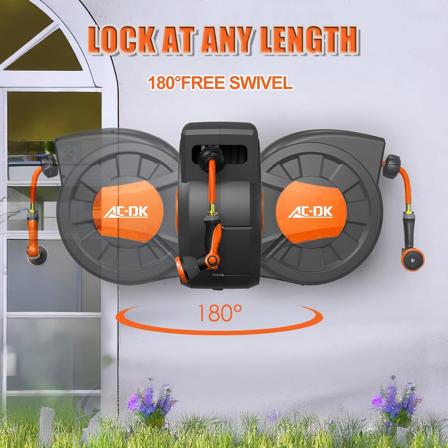 AC-DK Retractable Garden Hose Reel,1/2 in x 100ft (Green) Wall Mounted Hose Reel, with 12- Function Sprayer Nozzle, Any Length Lock/Slow Return System/Wall Mounted/180°Swivel Bracket