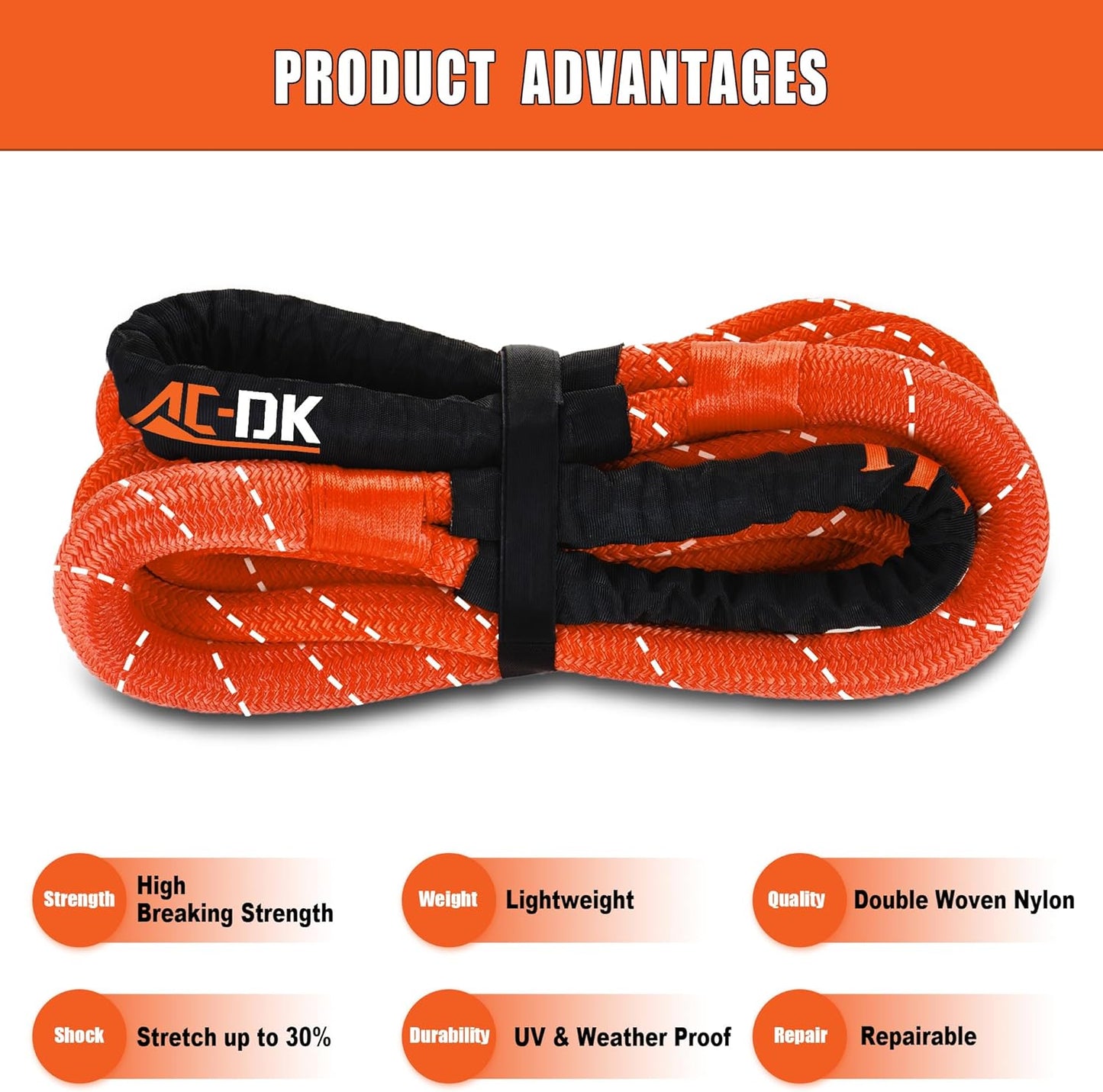 AC-DK Kinetic Recovery Rope (1in x 30ft ‎Orange) 48000lbs Snatch Strap,Heavy Duty Stretch Nylon Towing Ropes with 2pcs Soft Shackles for Offroad Vehicle,Jeep,SUV,ATV,UTV,Tractor Elastic Ropes Kit