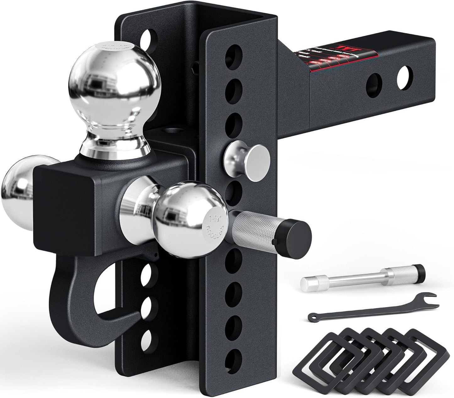 TYT Adjustable Trailer Hitch Tri Ball Mount with Swivel Shackle and Tow Hook, Fits 2 inch Receiver, 1-7/8" & 2" &2-5/16" Ball, Heavy-Duty Towing Hitch