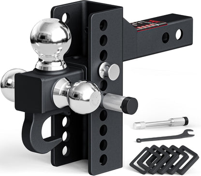TYT Adjustable Trailer Hitch Tri Ball Mount with Swivel Shackle and Tow Hook, Fits 2 inch Receiver, 1-7/8" & 2" &2-5/16" Ball, Heavy-Duty Towing Hitch