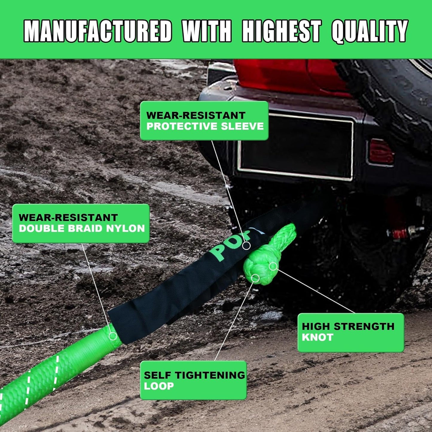 Kinetic Recovery Rope,(1in x 30ft Green) 48000lbs Snatch Strap, Heavy Duty Stretch Nylon Towing Ropes with 2pcs Soft Shackles for Offroad Vehicle, Jeep, SUV, ATV, Tractor Elastic Ropes Kit