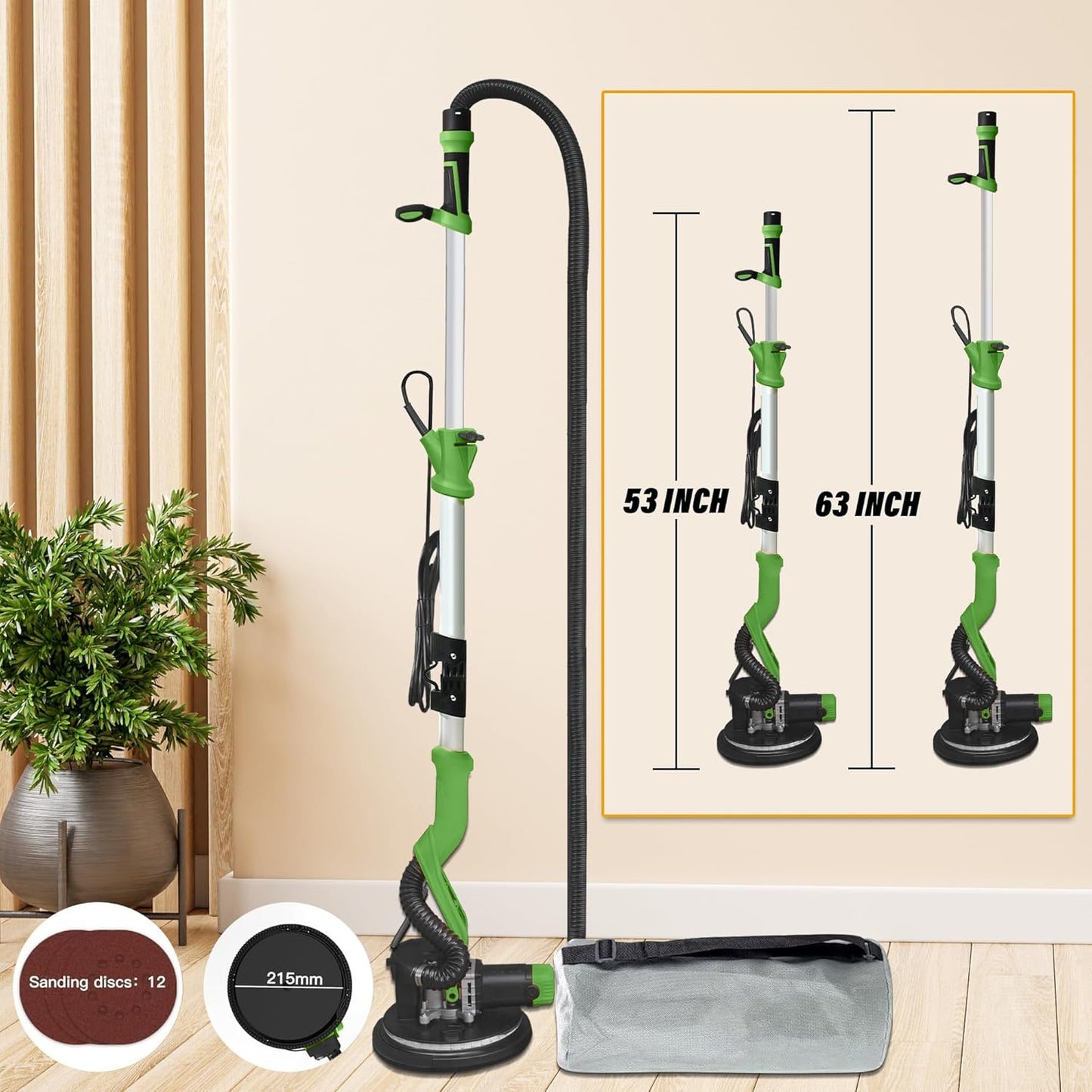 1050W Electric Drywall Sander with Vacuum, LCD Display, 7 Speeds (800–2100RPM), Foldable & Extendable Handle, 12 Sanding Discs, for Walls, Ceilings, Floors (Green)