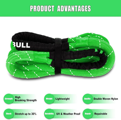 Kinetic Recovery Rope,(1in x 30ft Green) 48000lbs Snatch Strap, Heavy Duty Stretch Nylon Towing Ropes with 2pcs Soft Shackles for Offroad Vehicle, Jeep, SUV, ATV, Tractor Elastic Ropes Kit