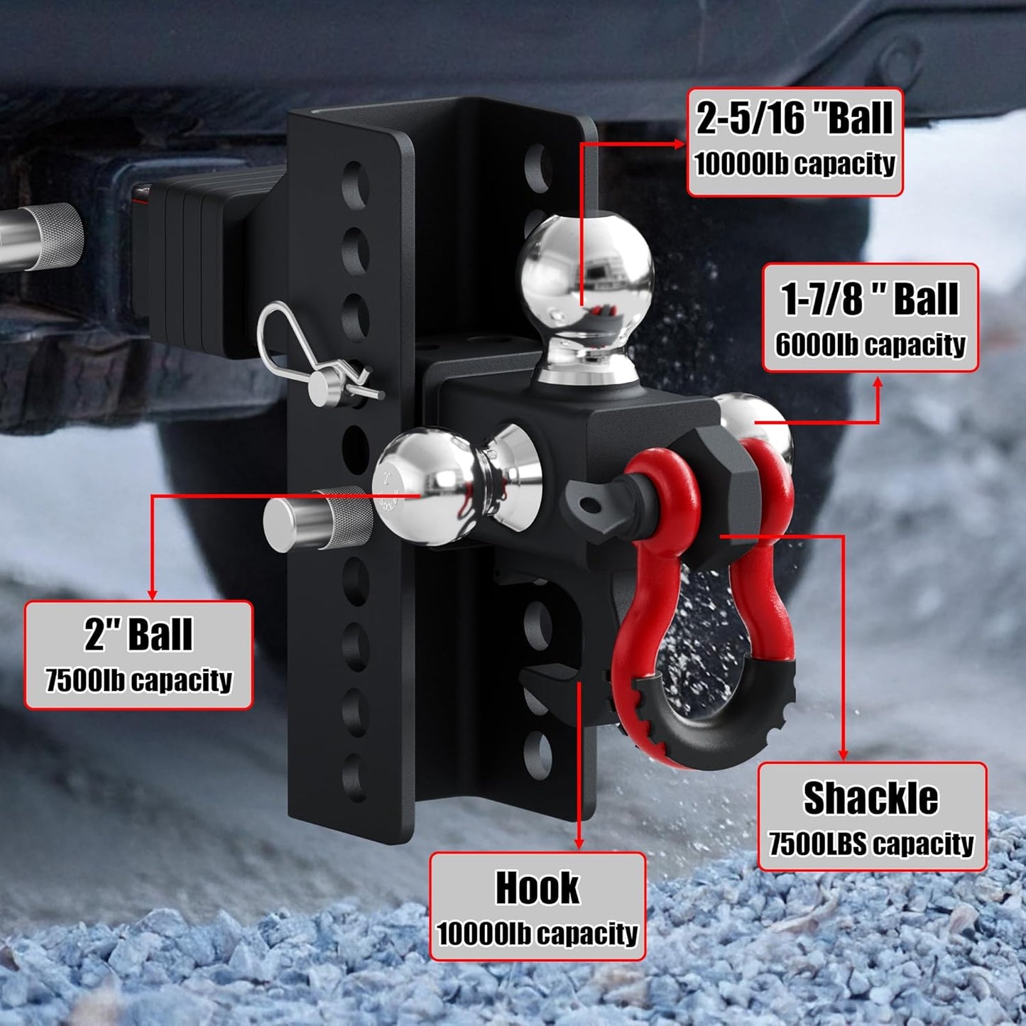 TYT Adjustable Trailer Hitch Tri Ball Mount with Swivel Shackle and Tow Hook, Fits 2 inch Receiver, 1-7/8" & 2" &2-5/16" Ball, Heavy-Duty Towing Hitch
