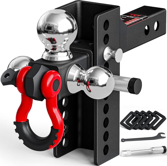 TYT Adjustable Heavy-Duty Trailer Hitch Tri-Ball Mount with Locks&Pin&Rotatable Tow Shackle, Fits 2-in Receiver, 4-1/2" Rise/Drop, 1-7/8" & 2" &2-5/16" Ball, 10000LBS GTW