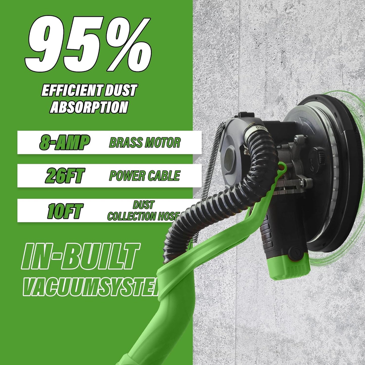1050W Electric Drywall Sander with Vacuum, LCD Display, 7 Speeds (800–2100RPM), Foldable & Extendable Handle, 12 Sanding Discs, for Walls, Ceilings, Floors (Green)