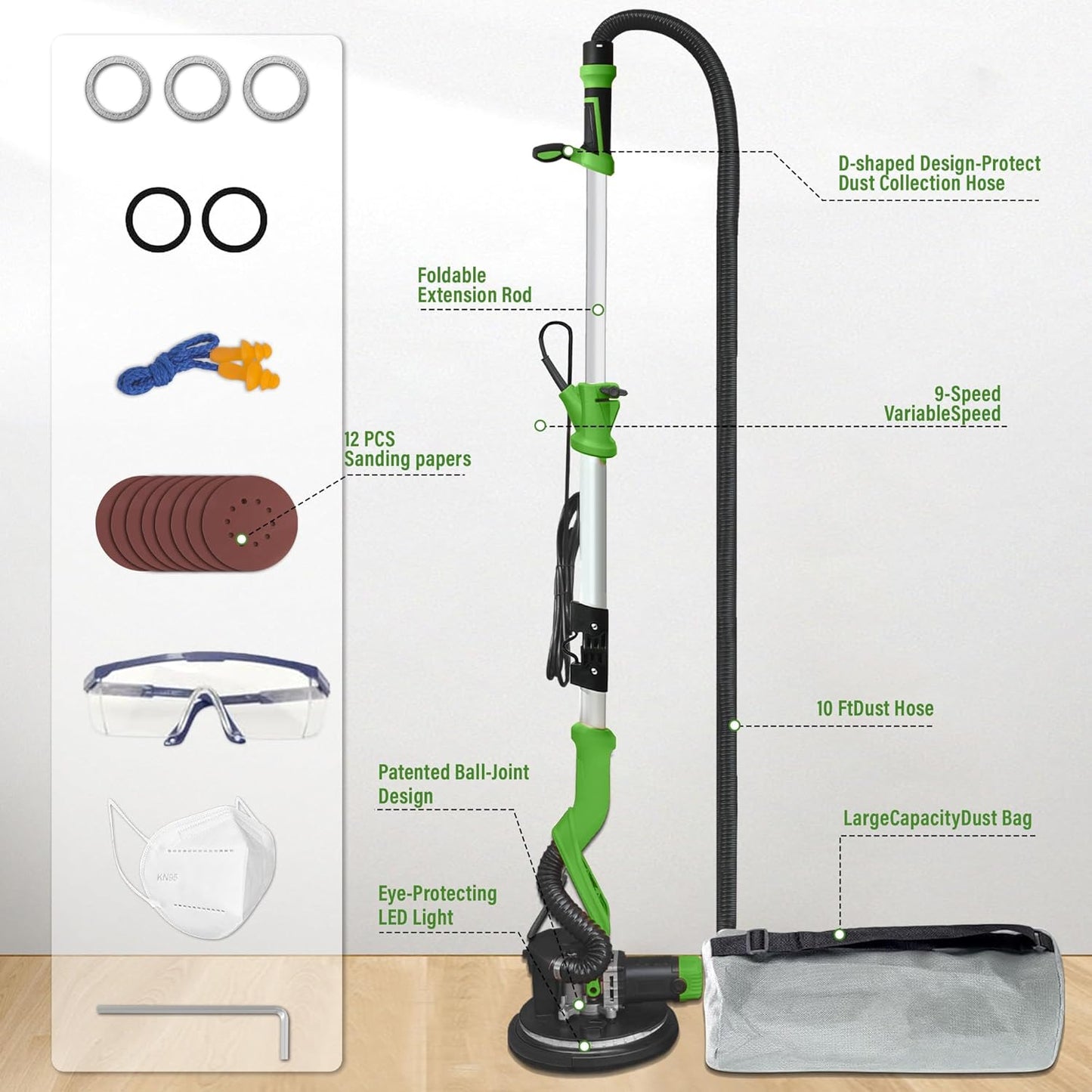 1050W Electric Drywall Sander with Vacuum, LCD Display, 7 Speeds (800–2100RPM), Foldable & Extendable Handle, 12 Sanding Discs, for Walls, Ceilings, Floors (Green)