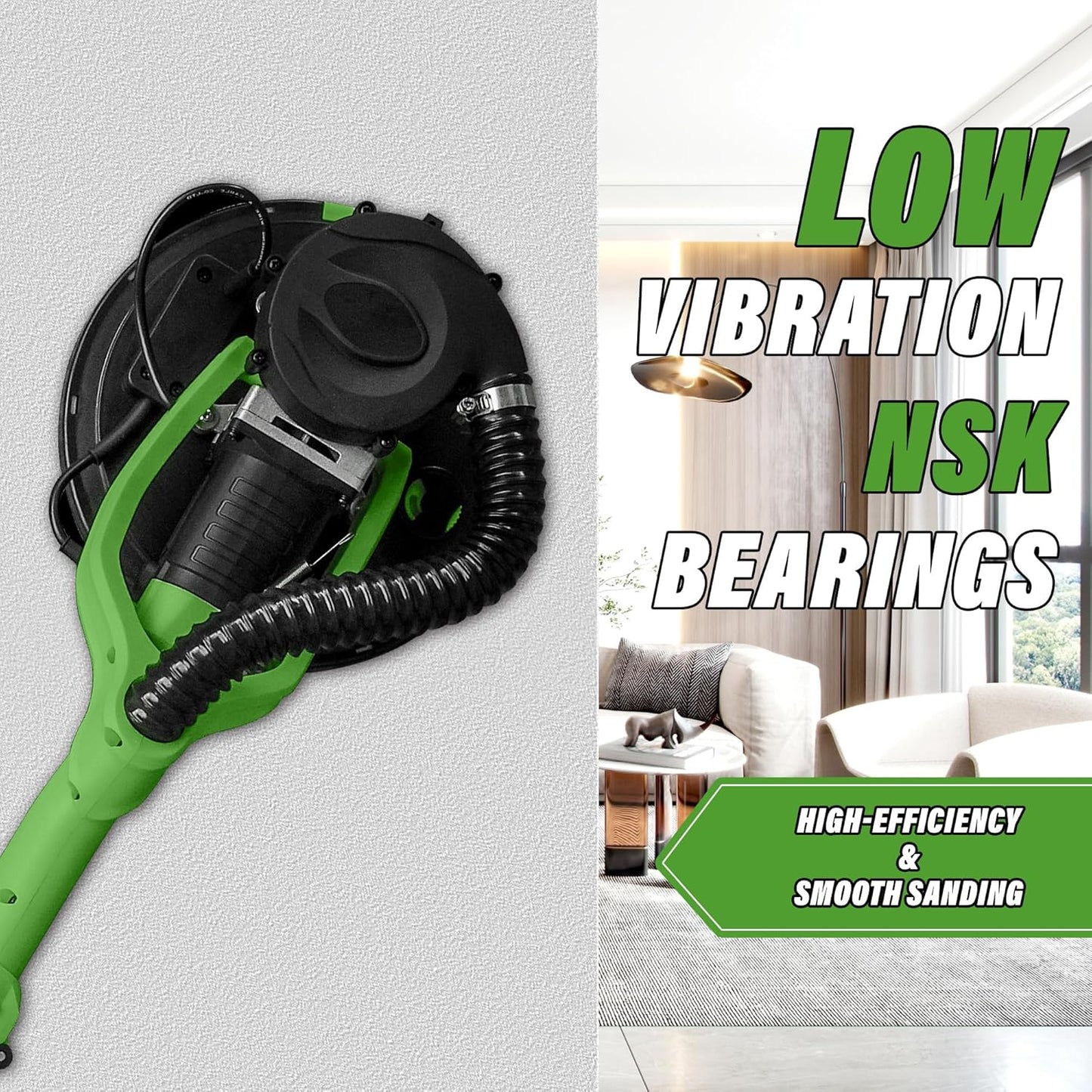 1050W Electric Drywall Sander with Vacuum, LCD Display, 7 Speeds (800–2100RPM), Foldable & Extendable Handle, 12 Sanding Discs, for Walls, Ceilings, Floors (Green)