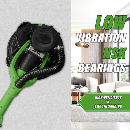 1050W Electric Drywall Sander with Vacuum, LCD Display, 7 Speeds (800–2100RPM), Foldable & Extendable Handle, 12 Sanding Discs, for Walls, Ceilings, Floors (Green)