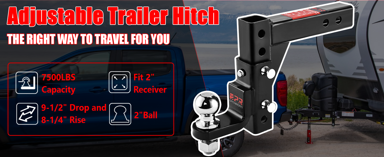 OPENROAD Adjustable Trailer Hitch Ball Mount - Fits 2-Inch Receiver, 2