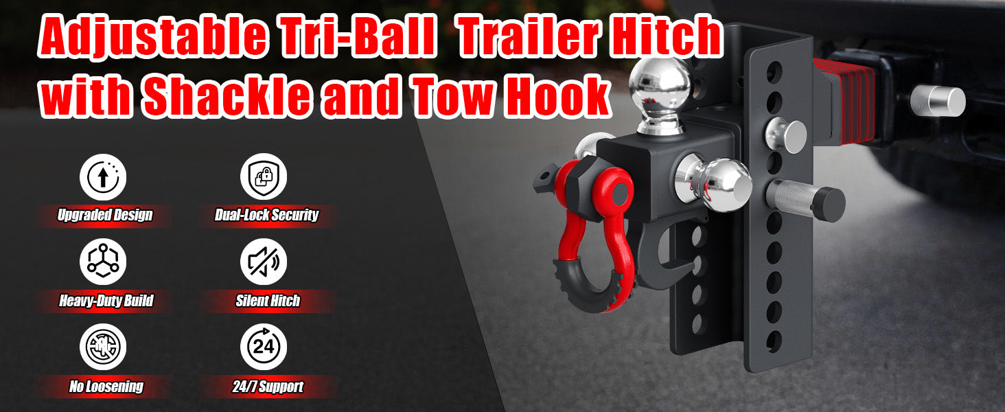 TYT Adjustable Trailer Hitch Tri Ball Mount with Swivel Shackle and Tow Hook, Fits 2 inch Receiver, 1-7/8